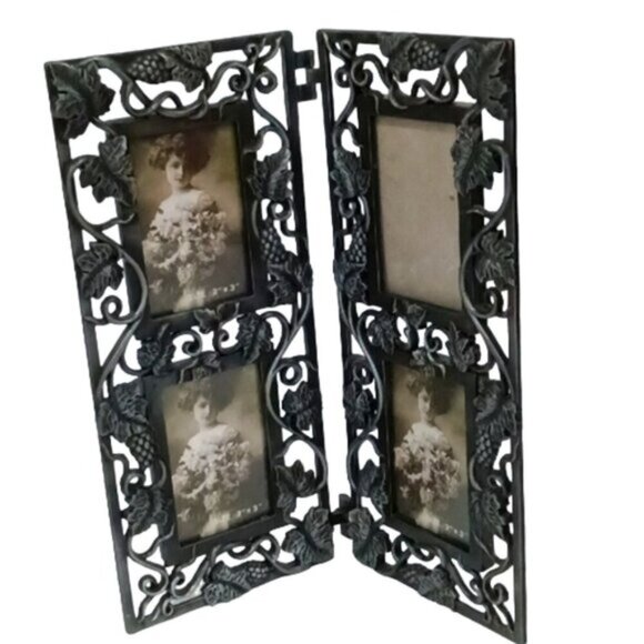 Vtge Metal Bi-Fold Rectangular Four-Picture Photo Frame Black Grape Vine Decor - Picture 6 of 6